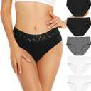 RHYFF Womens Underwear Cotton Bikini Panties Lace Soft Hipster Panty Ladies Stretch Full Briefs 5 Pack - Large 