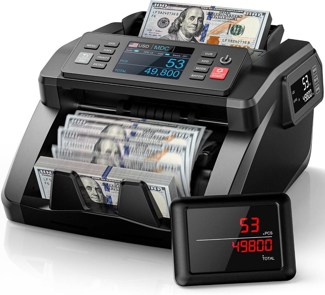 PONNOR N70 Mixed Denomination Money Counter Machine, Value Counting, Cash Counter with Three Displays, UV/MG/IR/MT Counterfeit Detection for Money Counting, Printer Enabled Bill Counter for Business, medium