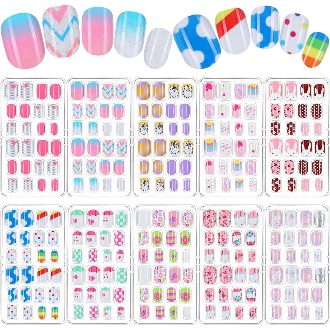 Maitys 240 Pcs Children False Nails 10 Packs Kids Girls Press on Short Artificial Fake Nails Gradient Color Rainbow Pre Glue Full Cover Acrylic Nail Kit for Children Nail Decoration(Unicorn, Rabbit)