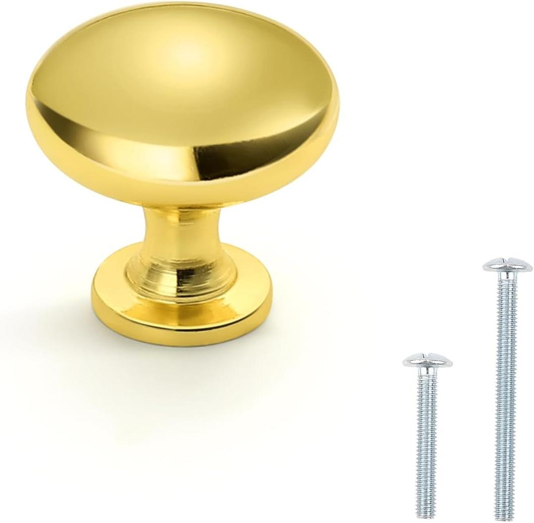 15 Pack Cabinet Knobs, Gold Kitchen Handles for Cabinets and Dresser Drawers, Round Solid Pulls Single Hole, Zinc Alloy Cupboard Handles