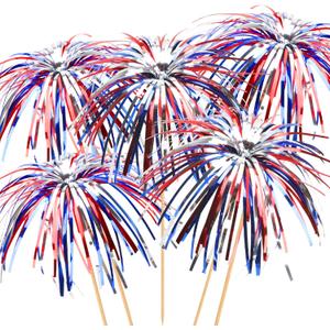 100PCS 4th of July Cocktail Picks, 6 IN Firework Toothpicks for Appetizers, Red White Blue Bamboo Skewers Drink Sticks, Cupcake Toppers Independence Memorial Day Decorations Patriotic Party Supplies