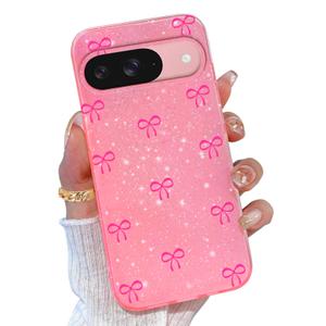 TURYXIA for Google Pixel 9 Case and Pixel 9 Pro Case Glitter, for Pixel 9/9 Pro Case Pink for Women Girls Girly Cute Ribbon Sparkly Bling Soft Phone Case, Pink Ribbon