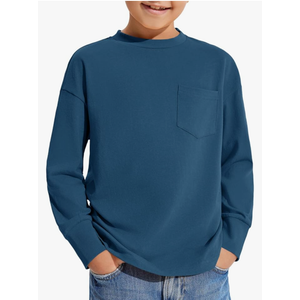 Haloumoning Boys Long Sleeve Shirts Kids Fashion Crewneck Side Slit Tops Tees with Pocket, 5-14 Years