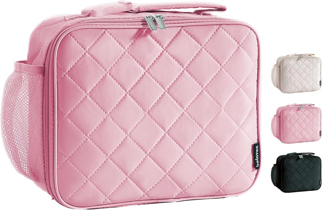 Insulated Lunch Bag - Quilted Lunch Box for Women with Sturdy Handle, Spacious Capacity Lunch Tote with Aluminum Foil Lining 6 Hour Insulation, Easy to Clean Lunch Box, Pink, 10.8 x 8.7x 3.5in