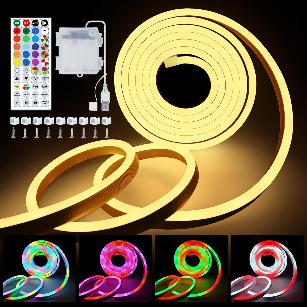 OMIKA 10FT Neon Rope Light Battery Operated, RGB &Warm White Cuttable Lights with USB, Outdoor LED Strip Lights Waterproof for Wall Bedroom Outside Indoor Christmas Dcor