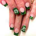 St Patrick's Day Press on Nails Short Square Shaped Fake Nails White Dots Green Shamrock Designs Glitter Frecnh Tip False Nails Full Cover Acrylic Nails Stick on Nails for Women DIY Manicure 24 Pcs (157)
