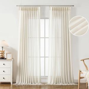WEST LAKE Egret Ivory Pinch Pleated Sheer Curtains 102 Inches Long,Cream Soft Rustic Drapes for Bedroom Living Room,Farmhouse Back Tab Hook Window Treatment,Custom Multi Sizes,58" Wx102 Lx2
