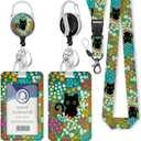 Gctriki Lanyards for Id Badges and Keys, Black Cat Flower Id Badge Holder, Cute Retractable Heavy Duty Badge Reel with 360 Degrees Rotate Carabiner Clip, Teacher Nurse Doctor Women Office Gifts