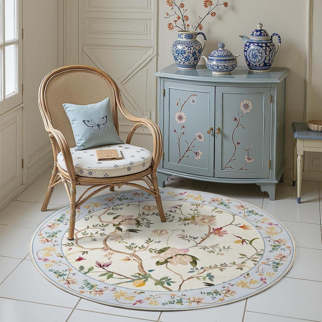 jinchan Floraison Floral Round Rug 4ft Non Slip Soft Circle Rugs Machine Washable Indoor Small Bathroom Low Pile Throw Carpet for Entryway Bedroom Door Mat Kitchen Decor Beige/Blue