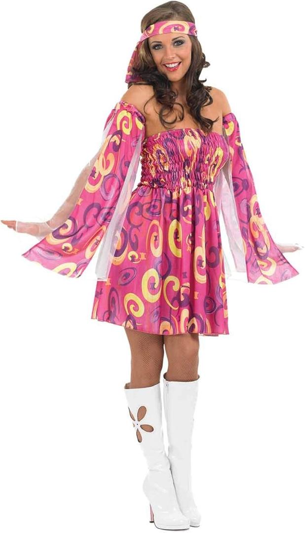 Fun shack 70s Fancy Dress Women, Hippy Fancy Dress for Women, Womens Hippie Costume, Gogo Girl Costume Women, Size L