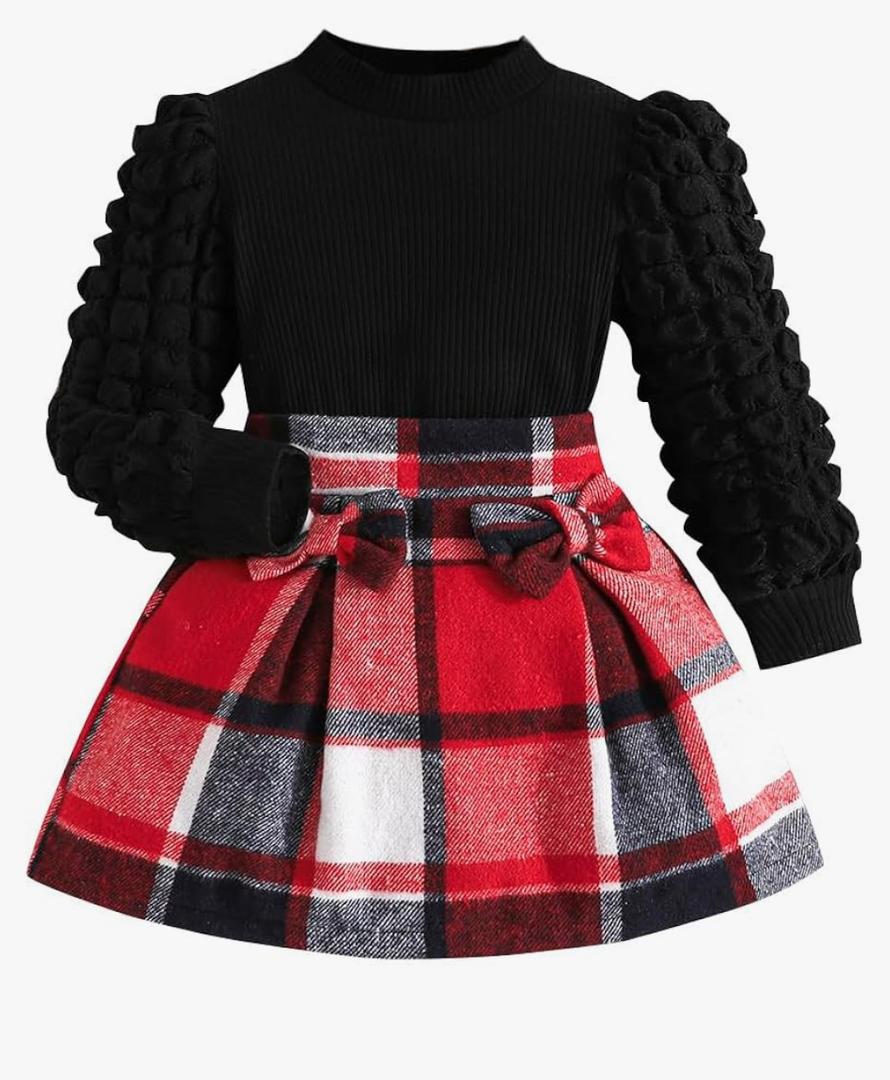 Toddler Girls Plaid Outfits Girls Puff Sleeve Knit Ribbed Shirt Tops Plaid Skirt Set Kids Fall Winter Clothes Size 9Y