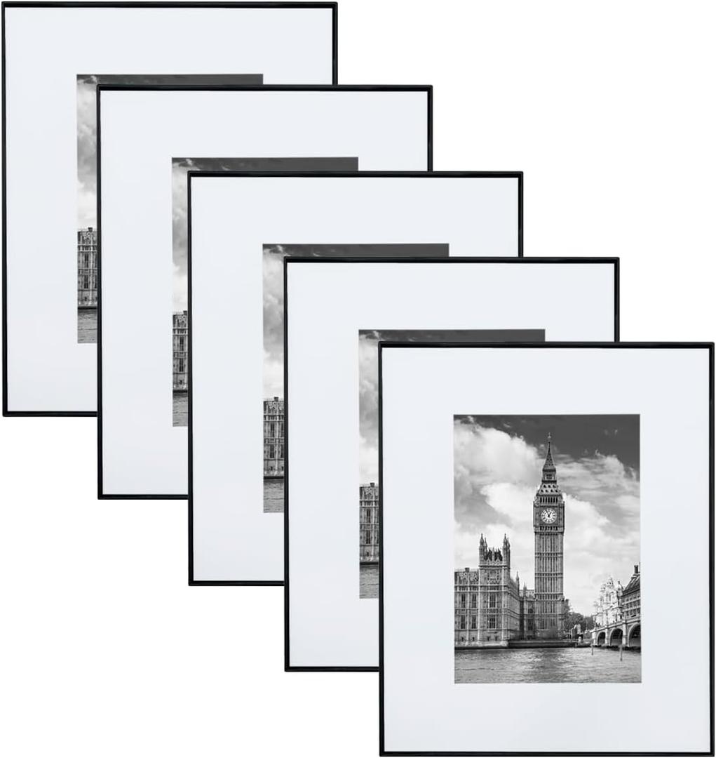 GOmaize Front Loading Black Picture Frame Set of 5,Display pictures 5x7 with mat or 8x10 without mat,Wall and Table Mounting