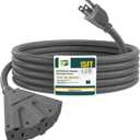 EP 15 Ft Outdoor Extension Cord with 3 Electrical Power Outlets - 16/3 SJTW Grey Cable with 3 Prong Grounded Plug for Safety Great for Christmas Lights, Garden and Major Appliances