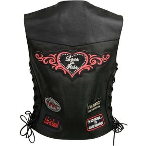 ELL4900 Womens 'Love to Ride' Black Leather Motorcycle Patched Embroidered Vests with Side Laces (Medium)