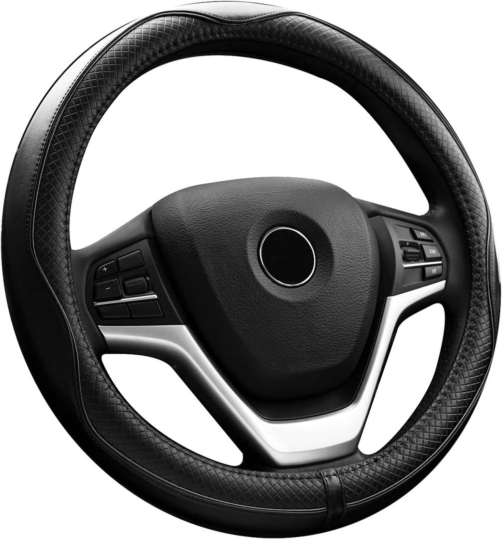 Valleycomfy Steering Wheel Covers Universal 15.75 inch - Genuine Leather, Breathable, Anti Slip & Odor Free (Black with Black Lines, L(15" 1/2-16"))