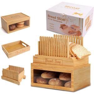 3-in-1 Bread Slicer set for Homemade Bread with Storage Box and Bread Serving Tray for Homemade Bread - Upgrade Bamboo Wooden Bread Slicer Kit - Adjustable Width, Crumb Tray, Cloth Bags