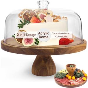 Acacia Wood Cake Stand with Lid, 12in Round Cake Holder, 2-in-1 Cake Plates with Acrylic Dome, Dessert Table Display Set for Party Birthday Kitchen Wedding