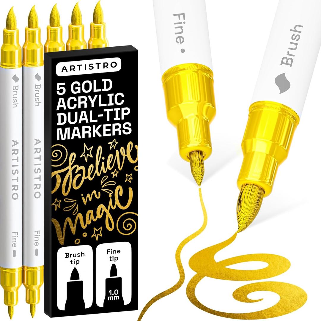 ARTISTRO 5 Gold Acrylic Paint Markers - Paint Pens for Drawing, Brush + Fine Tips - For Fabric, Rock, Glass, Wood, DIY - Art & Craft Supplies for Adults, Teens, Kids - Teacher Appreciation Gift