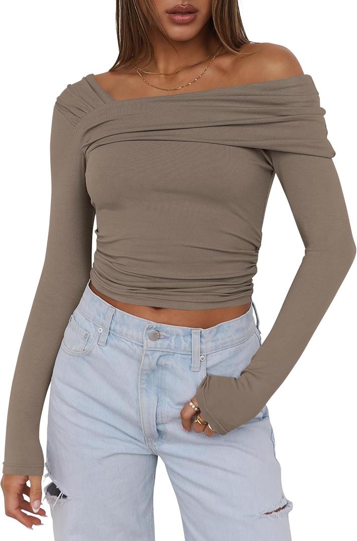 ANRABESS Womens One Off Shoulder Shirts Long Sleeve Going Out Crop Tops Ruched Tight Casual Blouse 2025 Trendy (X-Large, Khaki)
