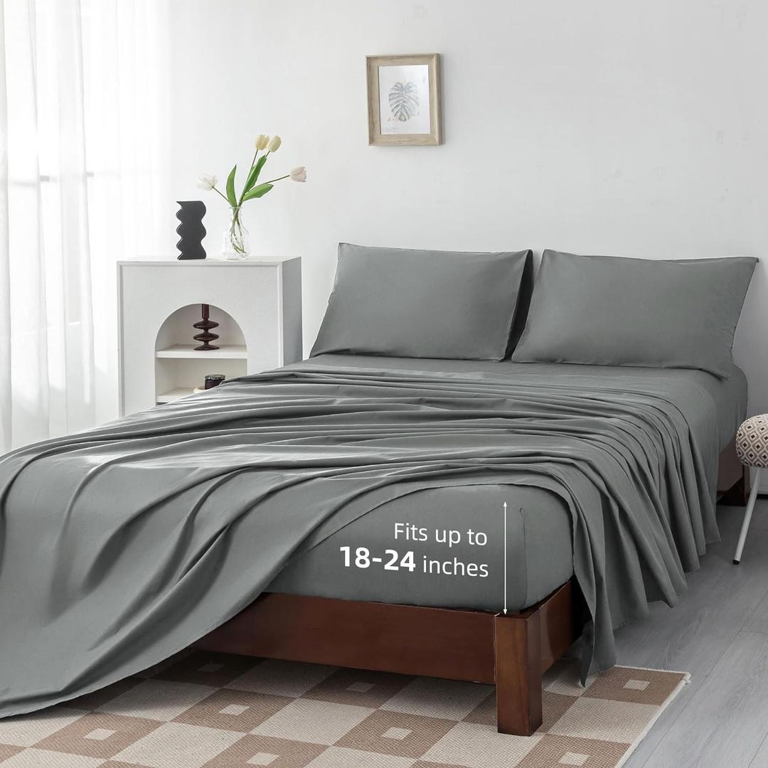 Levoo 100% Cotton Sheets Cal King Size Set 18"-24" Extra Deep Pocket Cal King Sheets Set Soft Breathable 4Pcs Bed Sheets with 1 Flat Sheet, 1 Fitted Sheet, 2 Pillowcases (Cal King, Dark Gray)