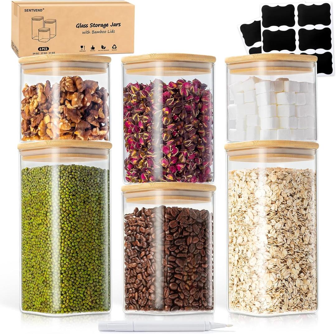 24 Oz/ 37 Oz/ 51 Oz Glass Storage Jars with Bamboo Lids - 6 Pack Clear Glass Canisters Square Airtight Stackable Ideal for Pantry Storage Containers Great for Cereal Coffee Beans Snacks etc