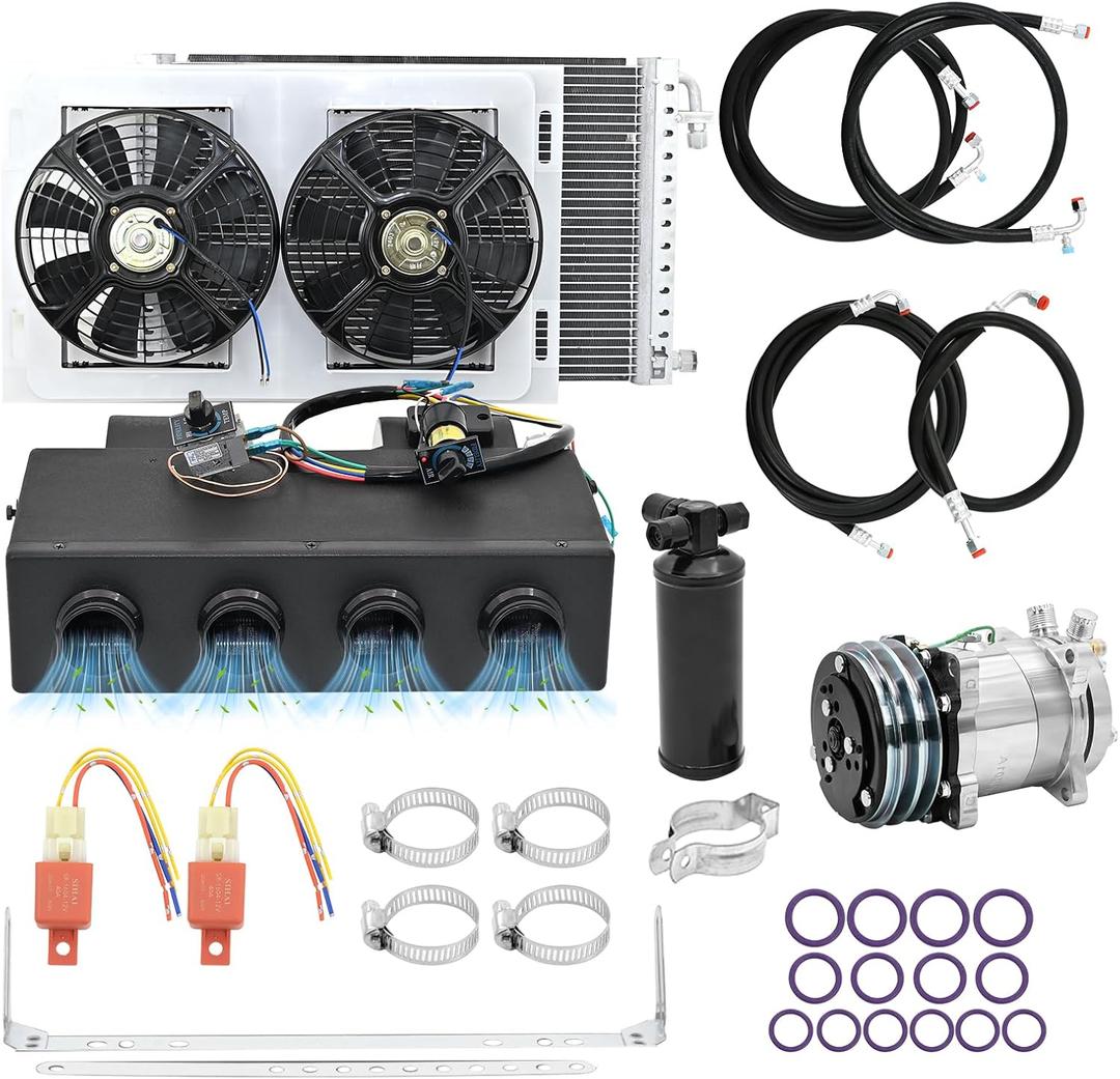 jiaji 12V 13700 BTU Under Dash Air Conditioner, 12 Volt Electric Air Conditioner for Car, Car Air Conditioner with 4 Vents and Evaporator Condenser Compressor for Car RV Van Truck ATV Pickup Tractor