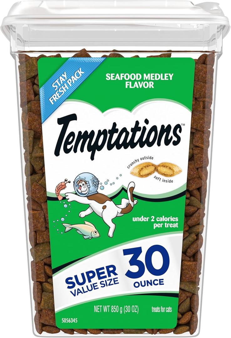 Temptations Classic Crunchy and Soft Cat Treats, Seafood Medley Flavor, 30 oz. Tub, 1.88 Pound, Pack of 1, Best By: 12/09/2026