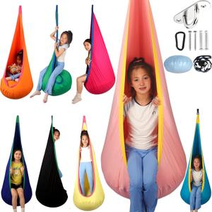 Sensory Swing for Kids Indoor and Outdoor Pod Hammock Chair Seat Upgrade Max 300 lbs Hanging Swing with Inflatable Cushion Includes Hardware Hanger Kit for Aspergers Autism ADHD (Pink)