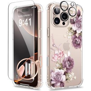 GVIEWIN for iPhone 16 Pro Max Case Floral, with Screen Protector&Camera Lens Protector,[Non Yellowing]Slim Shockproof Clear Phone Protective Cover for Women,Flower Pattern Design 6.9"(Cherry Blossoms)