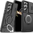 for Samsung S25 Ultra Case,with Slide Camera Lens,Screen Protector,Finger Ring Holder Kickstand,Heavy Duty Shockproof Military Grade Protective Phone Case (Black)