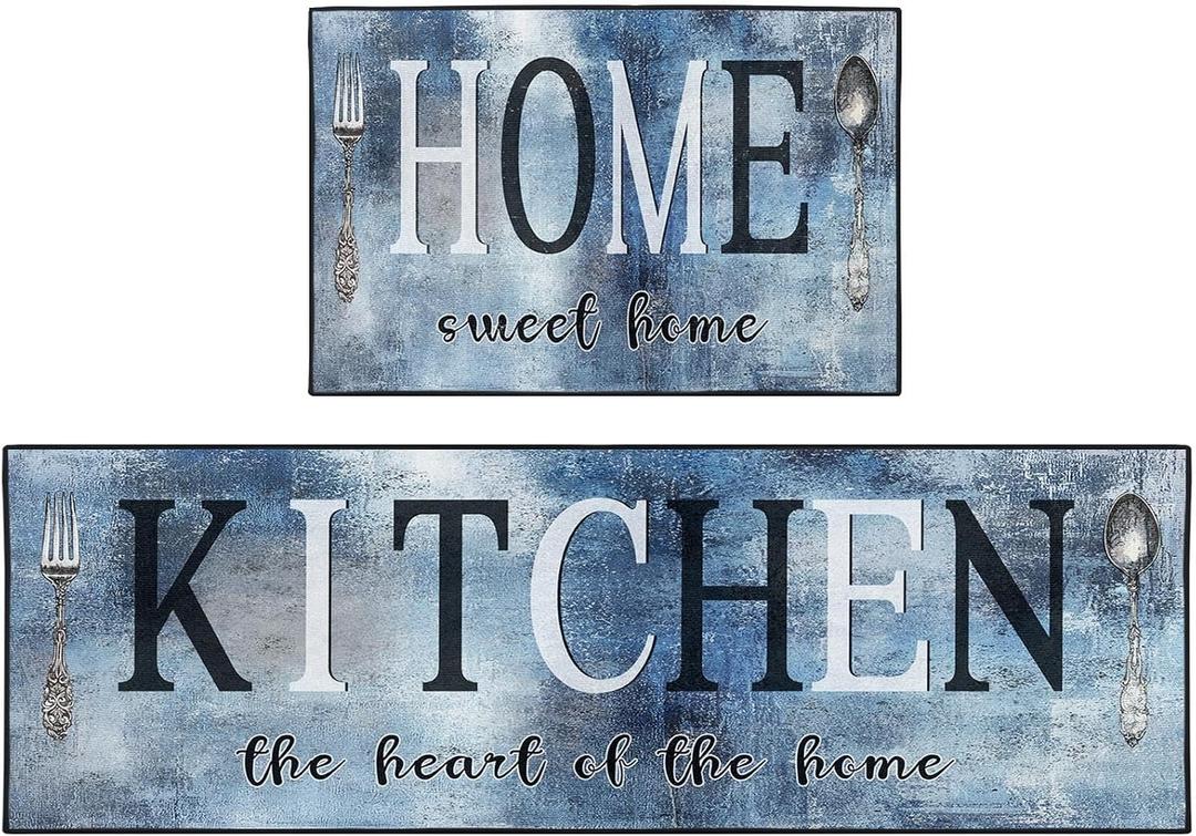 Navy Blue Kitchen Rugs and Mats Non Skid Washable Set of 2, Abstract Oil Painting Vintage Floor Mats, Sweet Heart Home Runner Rug, Rustic Kitchen Decor