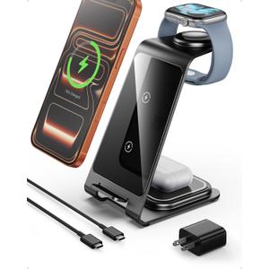 Intoval Aluminum 3 in 1 Wireless Charging Station for iPhone 17 16 15 14 13 12 11 Pro Max XR, Wireless Charger for Apple Watch 11 10 9 8 7 Ultra SE 3 2, Phone Charger for AirPods 4 Pro 2 3 (Grey)