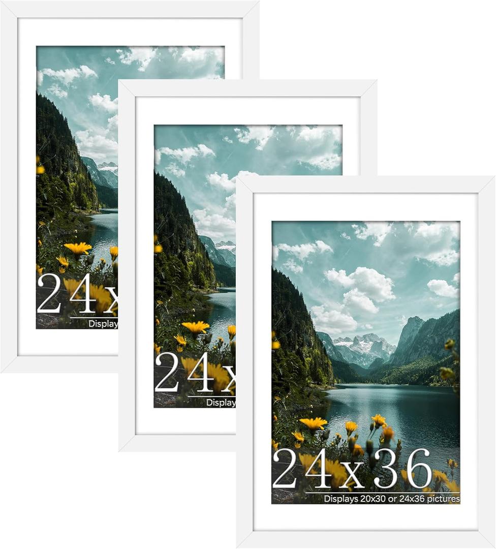 Picrit 24x36 Picture Frame 3 Pack, White Poster Frame, Display Poster 20 x 30 with Mat or 24 x 36 without Mat for Horizontal or Vertical Wall Mounting