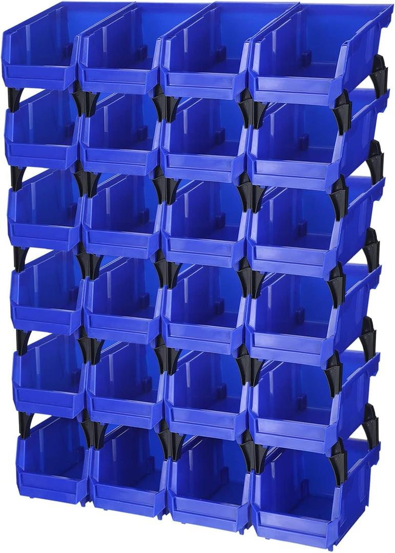 Weysat 24 Pcs Storage Bins Parts Racks, Wall Mounted Tool Storage Bins, Plastic Stackable Garage Storage Bin Organizer for Screws Bolts Nuts Nails Beads Small Hardware Parts Storage Men Gift Tools