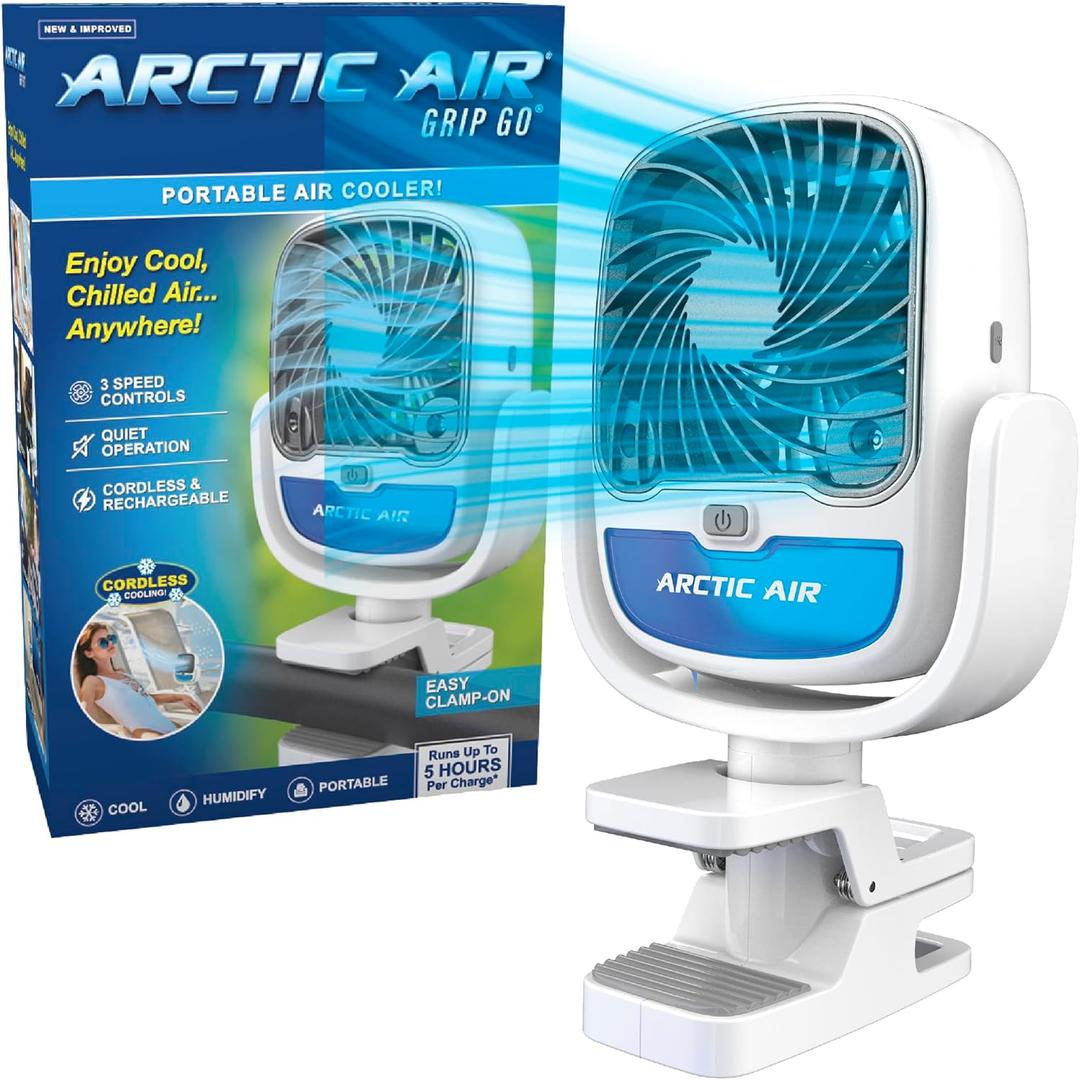 Arctic Air Grip Go Evaporative Cooler, Cordless & Portable Fan with 3 Speeds, Universal Clamp 360 Degrees Head Swivel, USB Charging, 5-Hour Battery, Personal for Home, Office, Car More, White