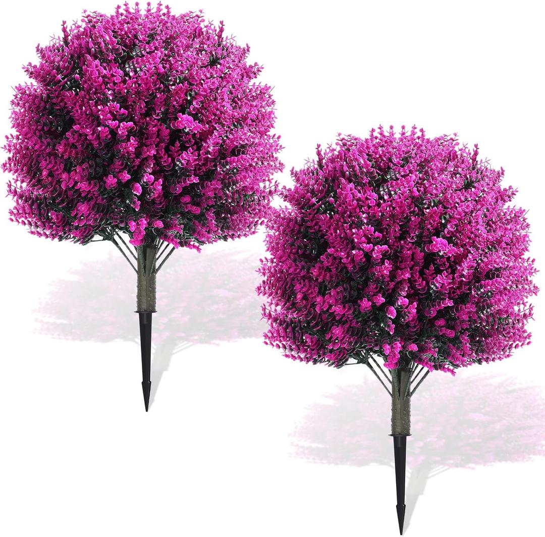 Yunlly Set of 2 Real to Touch Outdoor Topiary Tree 24" Fake Plants Front Porch Decor Artificial Boxwood Ball Faux Bush with Ground Spike, UV Resistant Fake Shrubs for Garden Yard(Fuchsia)