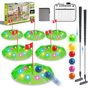 TERRAMUS Light Up Golf Play Set - Upgraded Kids Toy Golf Putting Game Set with 6 LED Targets, 2 Clubs, 6 Balls (2 Glow), Night Golf Toys Gifts for Kids Golfers Family Indoor Outdoor Beach Lawn Park, 7488 cubic centimeters