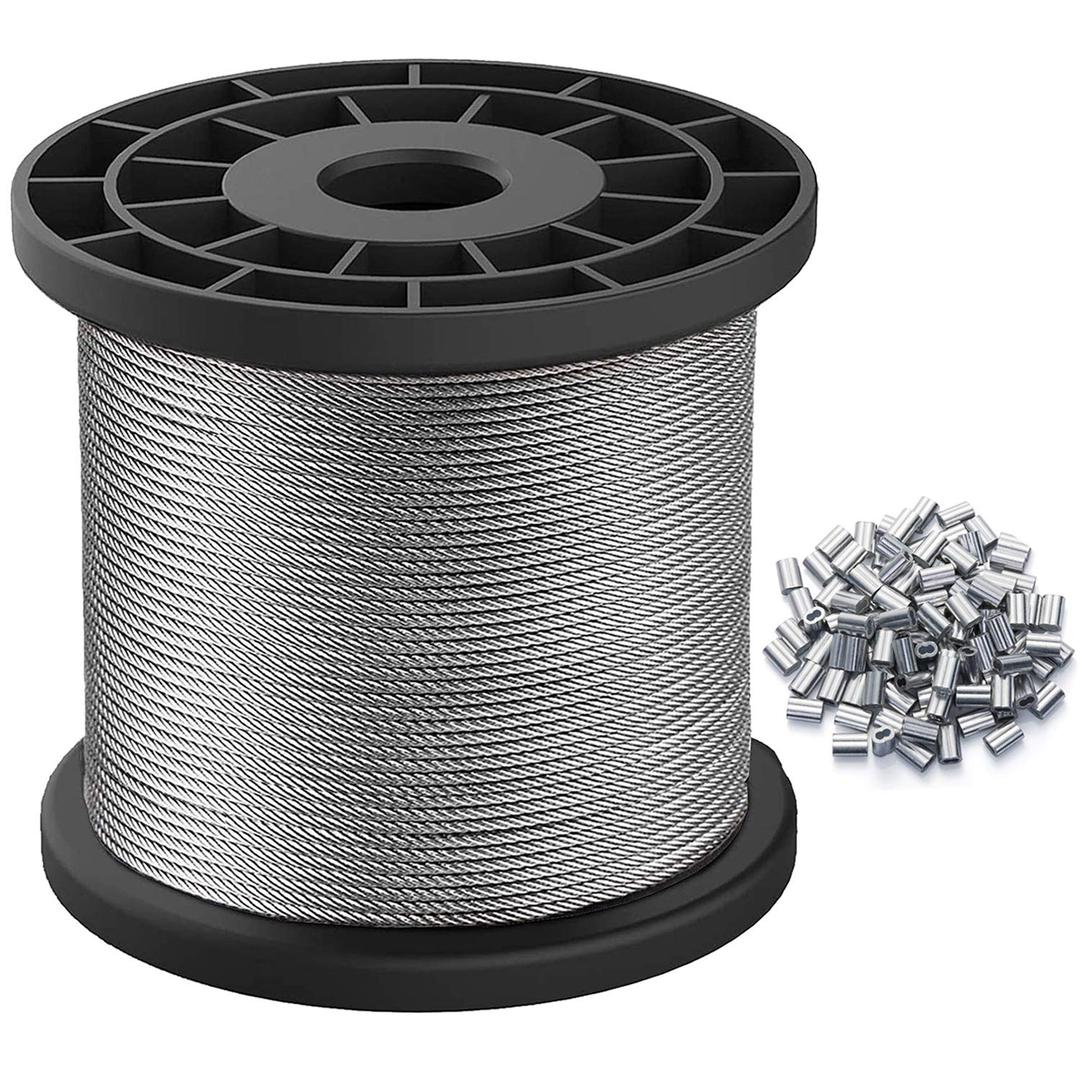 Wire Rope, 1/16 Steel Wire, Stainless Steel 304 Cable, 328FT Length Aircraft Cable with 100pcs Sleeves Stops, 7x7 Strand Core, 368 lbs Breaking Strength Perfect for Outdoor,Yard,Garden or Crafts