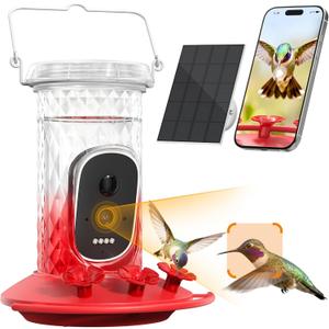Smart Hummingbird Feeder Camera with AI Identification, 2.5K HD & Color Night Vision, Solar Powered Outdoor, IP66 Weatherproof  Garden Decor & Gift for Dad (Red Ombre)