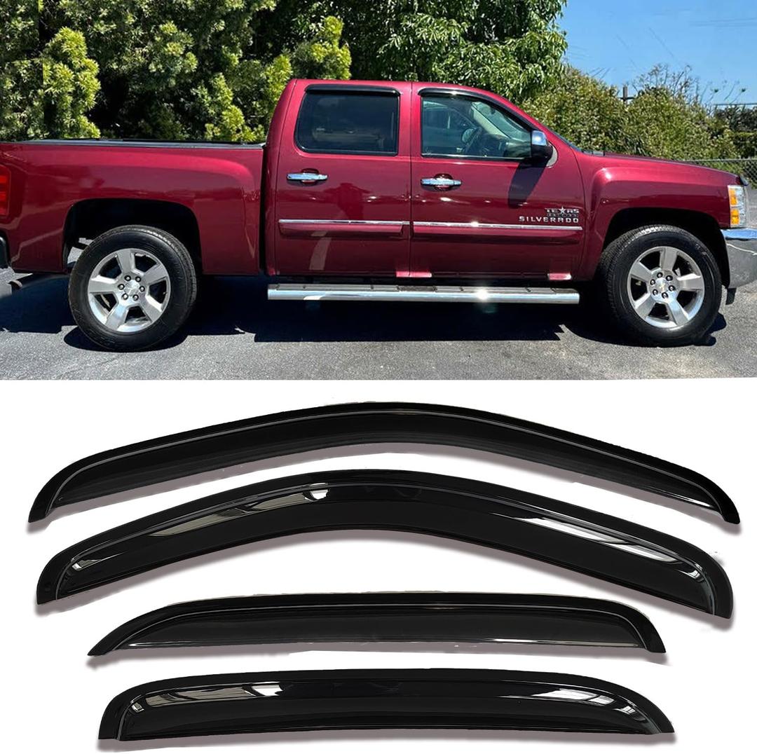 Tape on Side Window Deflectors Rain Guards Vent Sun Shades Window Visors for 2007-2013 Chevy Silverado/GMC Sierra 1500 2500HD 3500HD Crew Cab, 07-14 Yukon XL/Suburban/Avalanche, Wind Deflector 94515