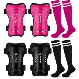 Hryrbay Kids Soccer Shin Guards and Socks Toddler Soccer Shin Pads Protective Defender Gear for Boys Girls Ages 3-15 Great for Training, Matches, Inspired by the World Cup (Medium, Black, Rose Red)