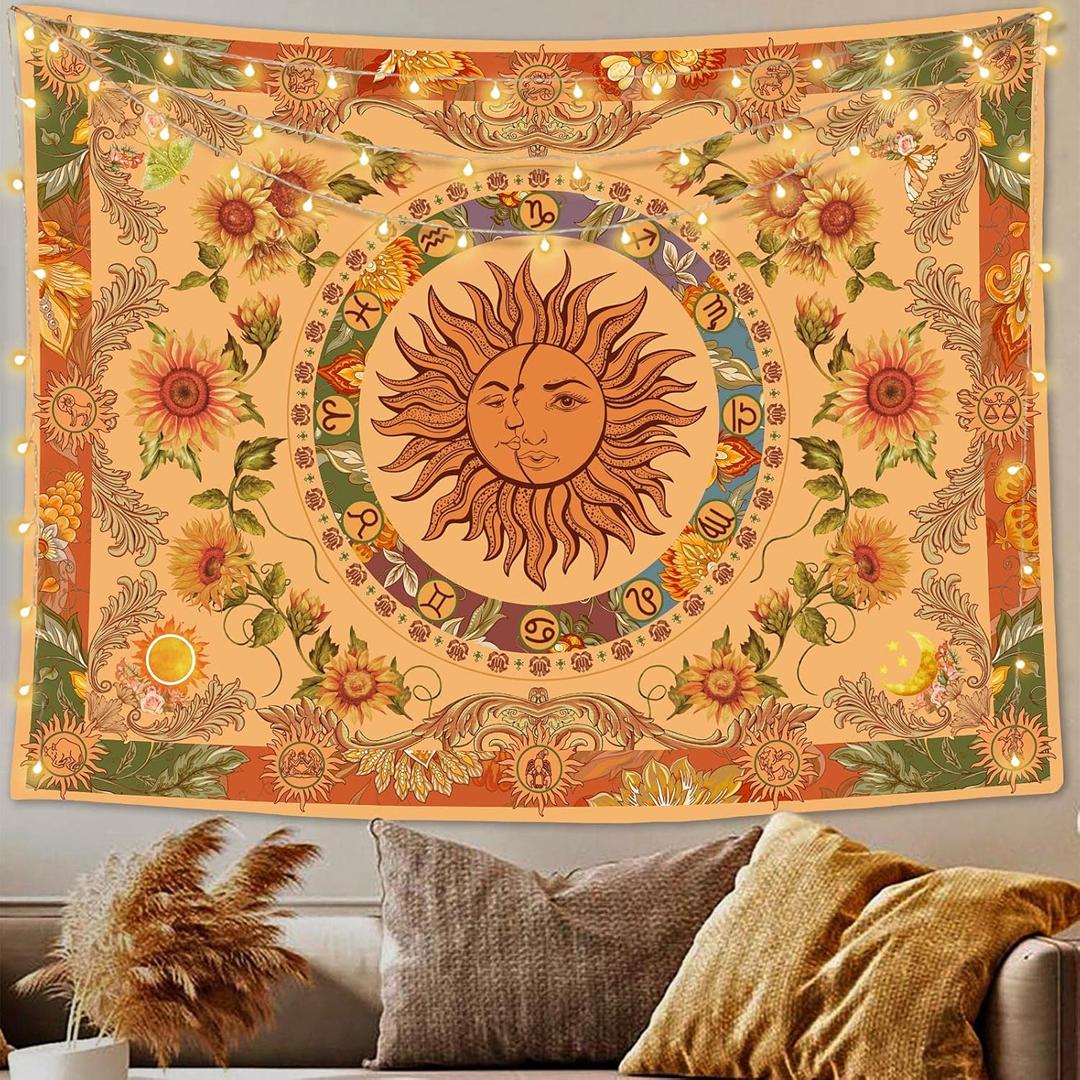 Accnicc Yellow Sun and Moon Tapestry Vintage Indie Boho Tapestry Wall Hanging with Sunflowers Butterfly Moth Constellation Aesthetic Wall Tapestries for Bedroom Dorm Living Room (Orange, 60'' x 80'')