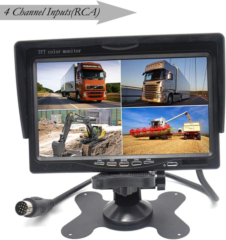 Padarsey 7" TFT LCD Car Rearview Quad Split Monitor,Remote Control, 4 Channels RCA Video Inputs(4-PIN Shockproof Connector) - 12V-24V 800480HD Screen w/Sunshade Anti-Glare