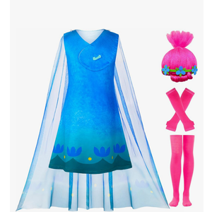 Kids Princess Poppy Dress Costume for Girls Cosplay Halloween Outfits Dress Up Birthday Party with Wig, Size 110