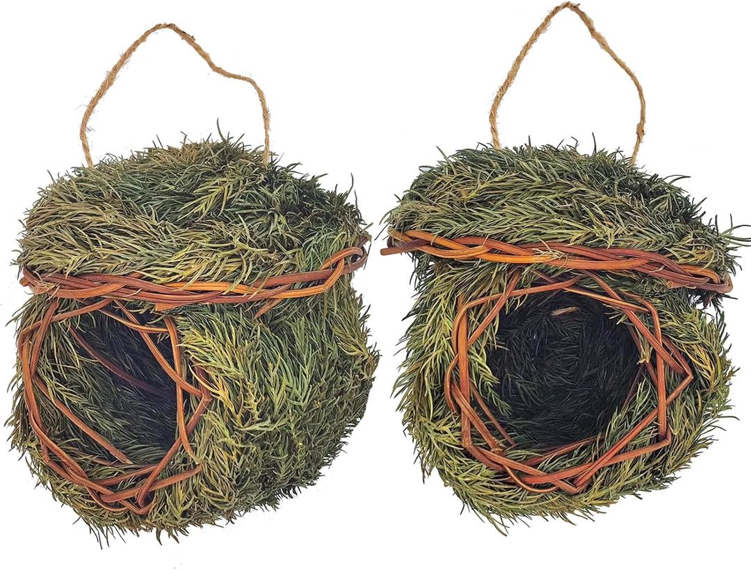2 Pack Green Grass Birdhouse for Outside Garden Decoration Hanging Bird Hut Bird Nest Cozy Resting Place for Wild Birds (About 3.5-4.5inch)