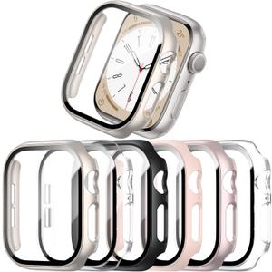 6 Pack Case With Tempered Glass Screen Protector for Apple Watch 41mm Series 9 8 7, Ultra-Thin Full Coverage Hard PC Protective Cover for iWatch (Black+Clear+Starlinght+Pink+Rosegold+Clear)