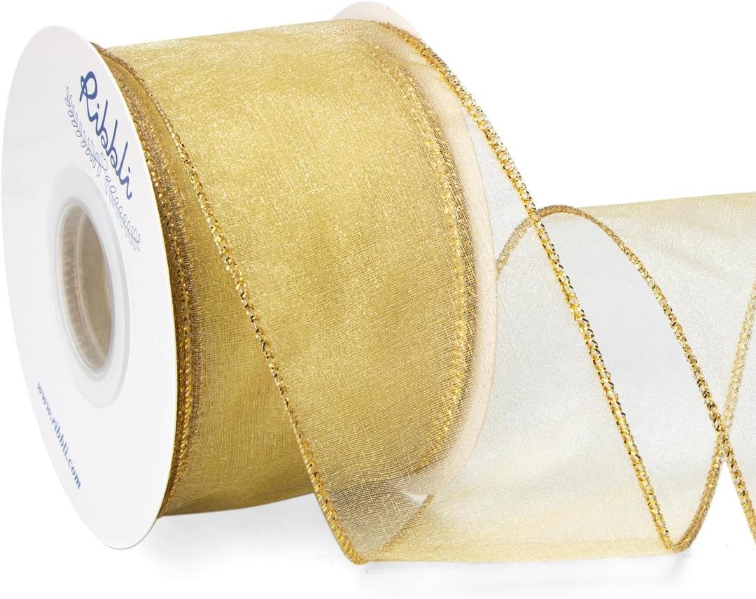 Ribbli Champagne Gold Organza Wired Ribbon, Gold Sheer with Metallic Edge,2-1/2 Inch x 20 Yards Christmas Tree Ribbon for Decoration Large Gift Wrapping,Wedding Decoration. Ribbli Champagne Gold Organza Wired Ribbon, Gold Sheer with Metallic Edge,2-1/2 Inch x 20 Yards Christmas Tree Ribbon for Decoration Large Gift Wrapping,Wedding Decoration.