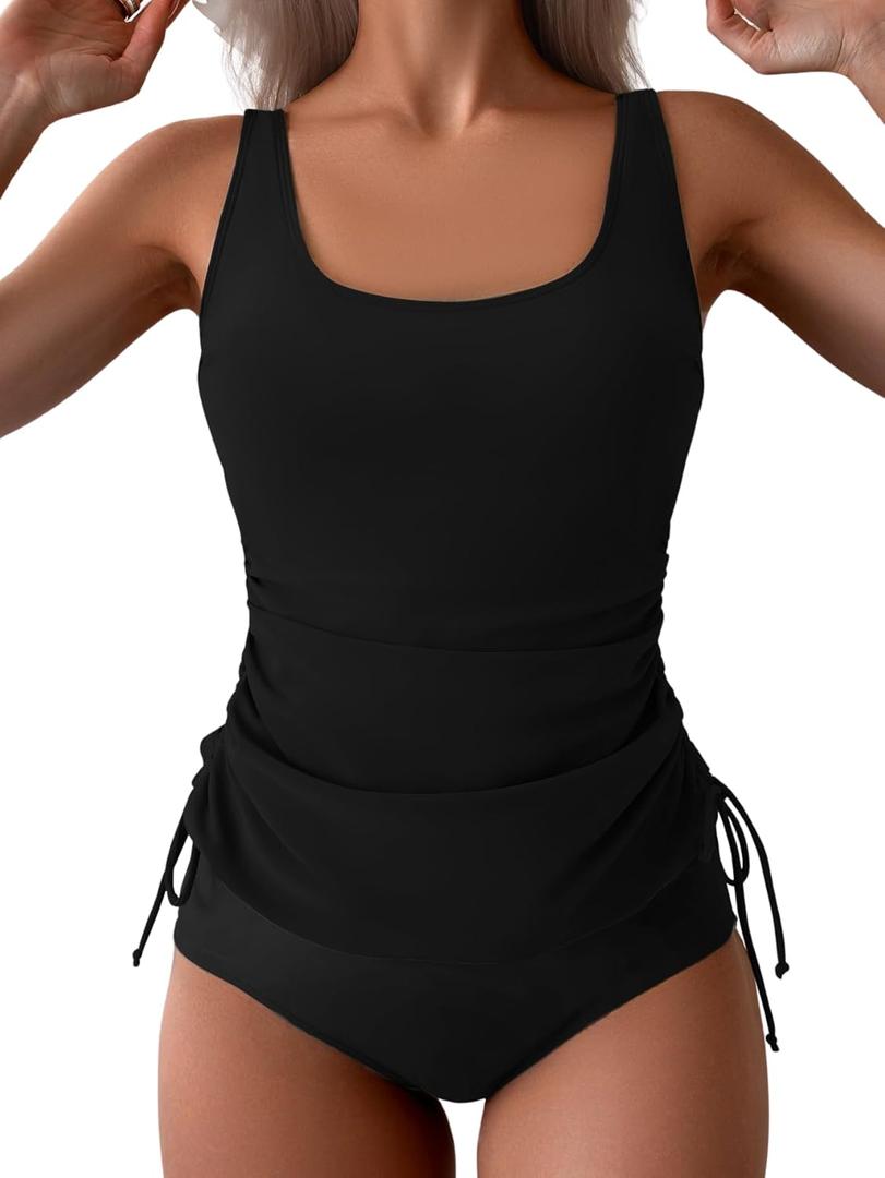 B2prity Tummy Control Tankini Swimsuit for Women Ruched Two Piece Bathing Suit Drawstring Swimwear with Bottom (Medium, Black)