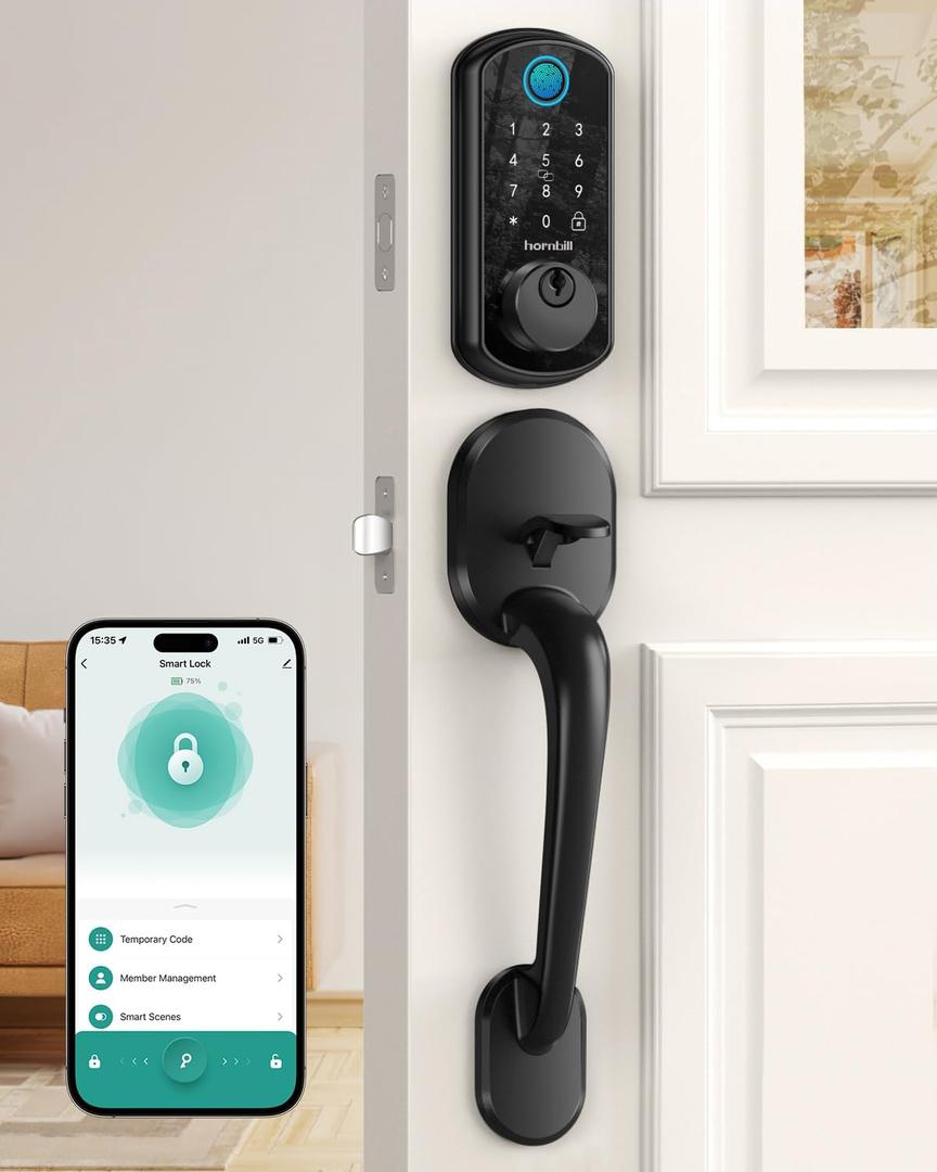 Keyless Entry Door Lock with Handle: Hornbill Smart WiFi Front Fingerprint Deadbolt with Handle Set Electronic Digital Keypad Door Locks APP Remote Control Alexa Auto Lock Black