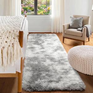 ONASAR 2x6 Runner Rugs for Bedroom Living Room, Fluffy Tie-Dyed Light Grey Bedside Hallway Throw Area Rug, Ultra Soft Plush Furry Floor Carpet Mat for Nursery Kids Dorm Closet Home Decor